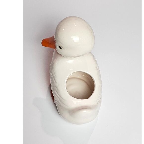 Vintage 80s Baby Duckling Ceramic Figurine White Duck Planter Vase Cotton Swabs - Picture 3 of 5